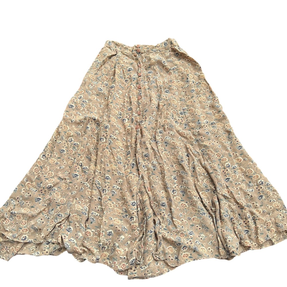 Vintage 90s Rosettes Floral Maxi Skirt Ditsy Daisy Button Front Rayon Boho Dance
